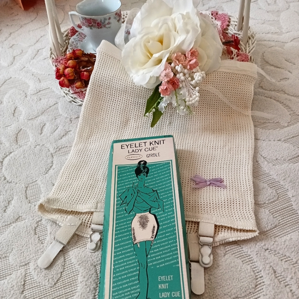 SWEET VINTAGE NOS/ NIB "EYELET KNIT LADY CUE" UNWORN GIRDLE W/ GARTERS